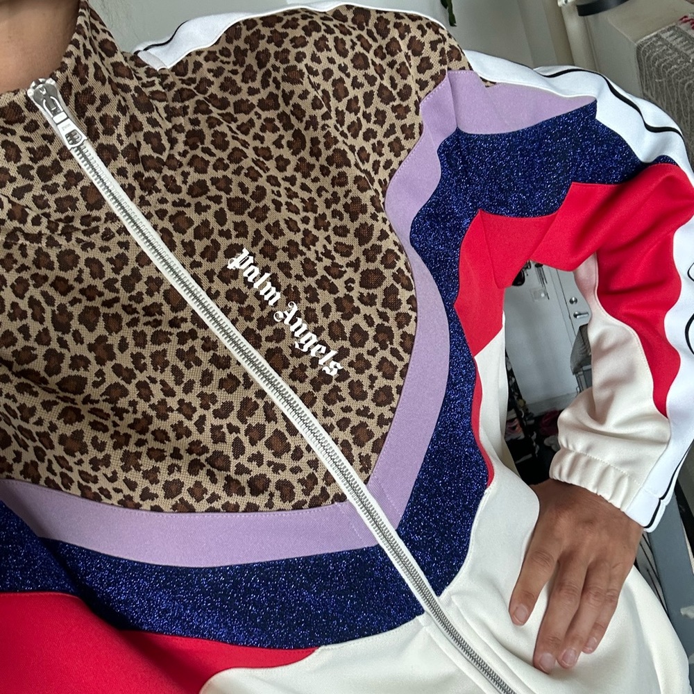 Palm Angels Leopard Print Track Jacket with Red and Blue Accents